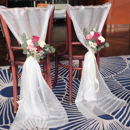 Bride & Groom Chair Posies with Ribbon Sash