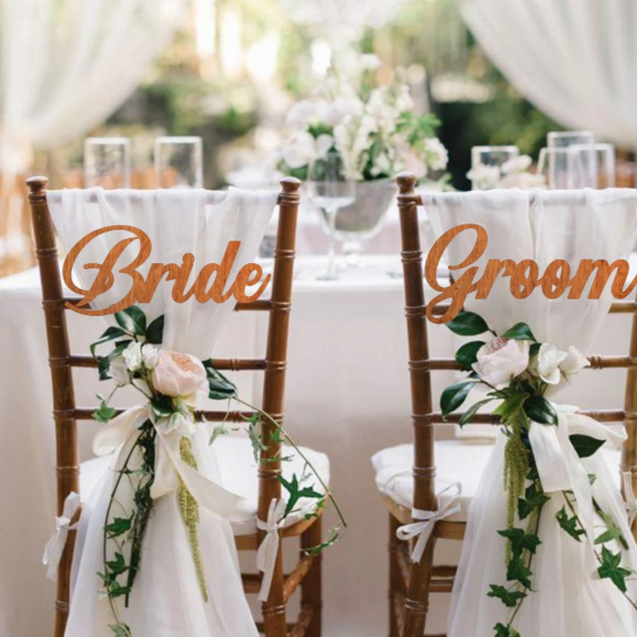 Bride & Groom Chair Posies with Ribbon Sash